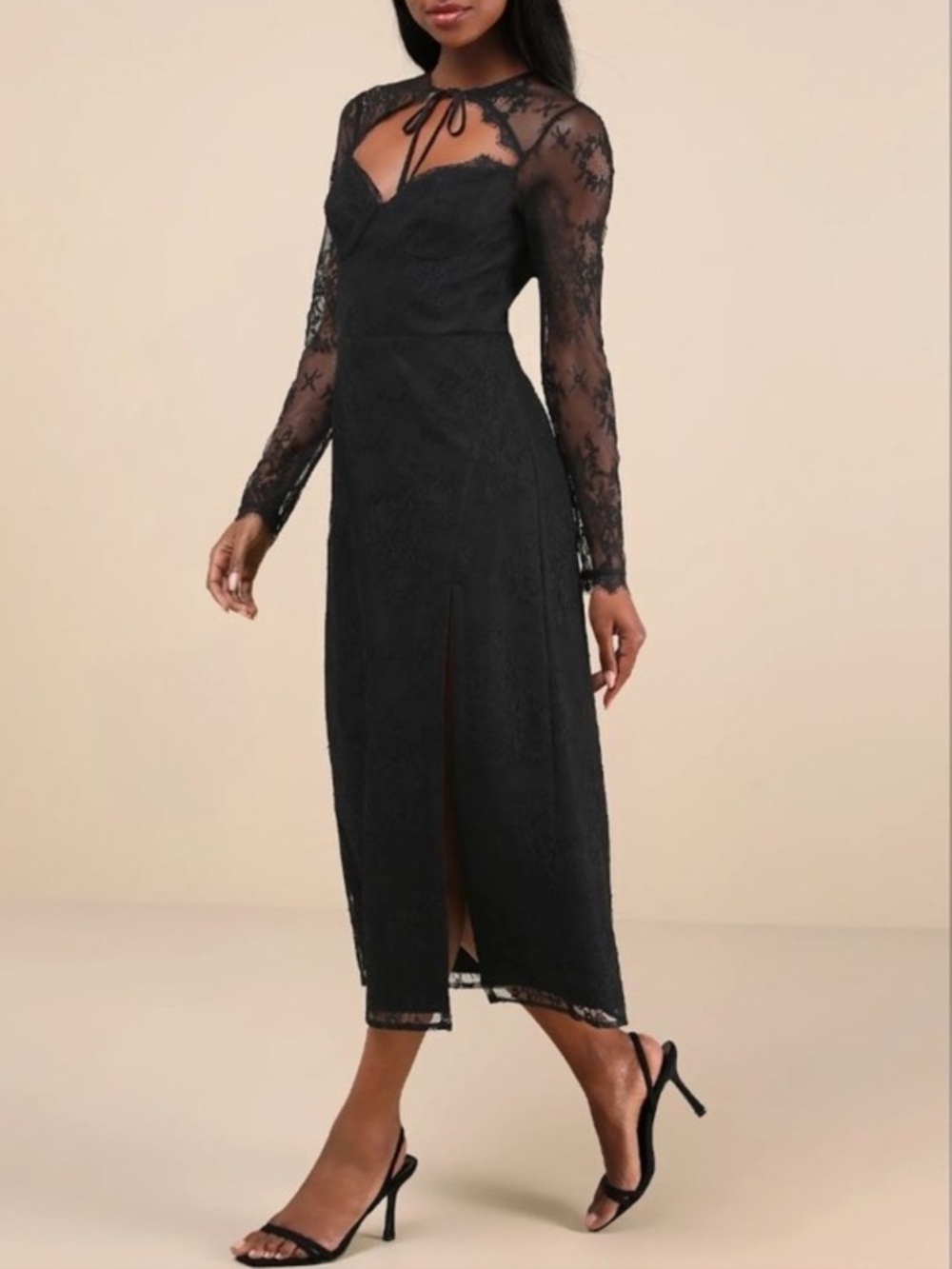 NWT Lulus Desirably Dramatic Black Lace Long Sleeve Cutout Midi Dress Large